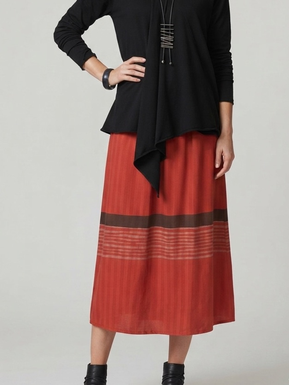 Kaliyana Sz M Orange Simple Lagenlook Striped Midi Skirt